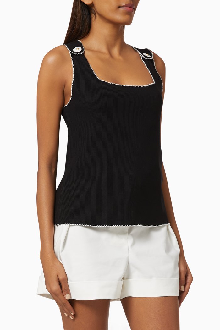 Daisy Button Vest Top in Ribbed Viscose, Black