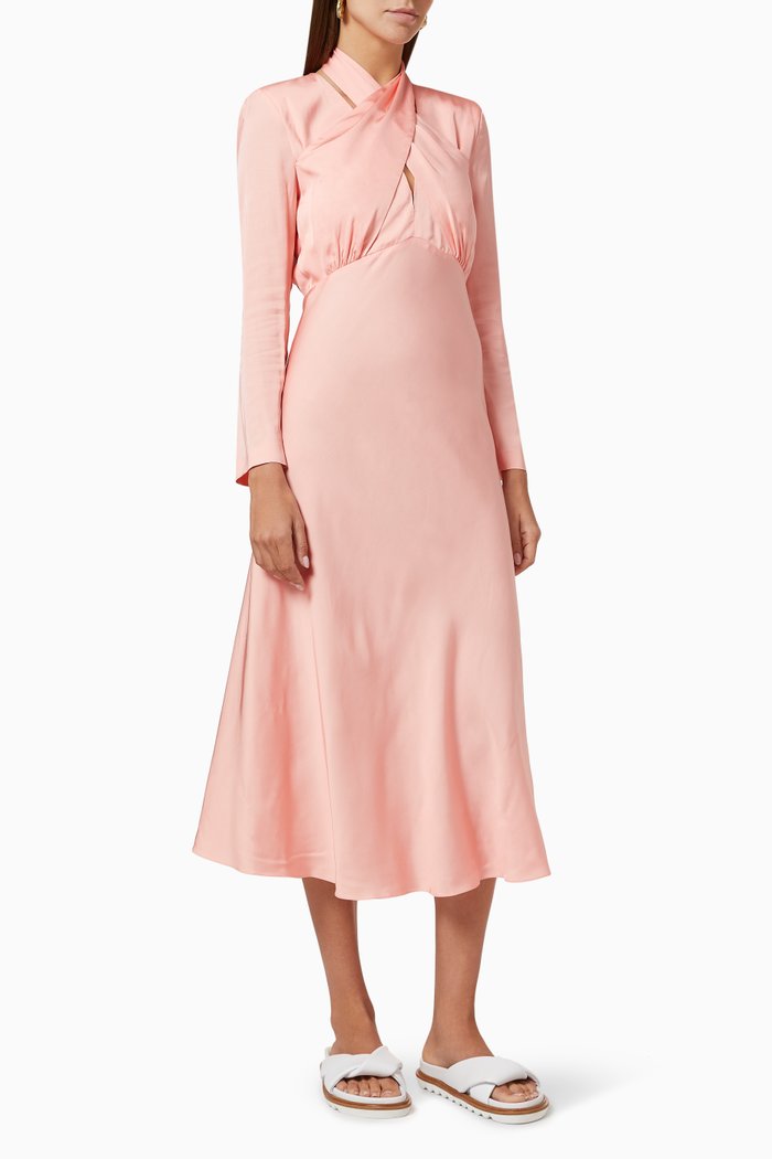 

Draped Neckline Midi Dress in Satin, Pink