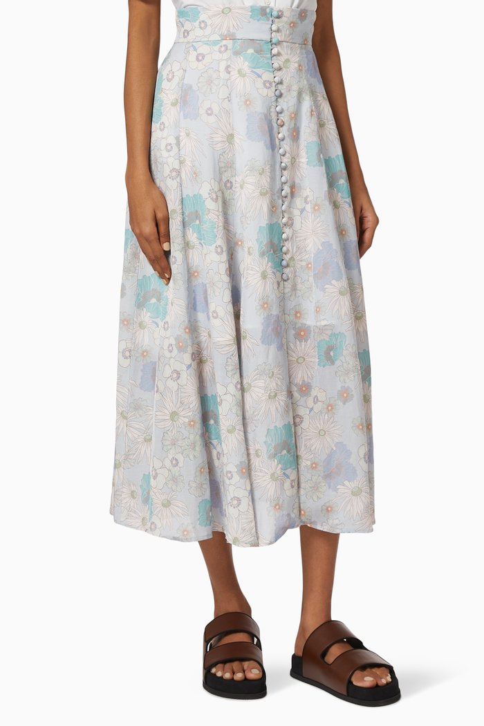 Floral Print Maxi Skirt in Viscose & Linen, Blue