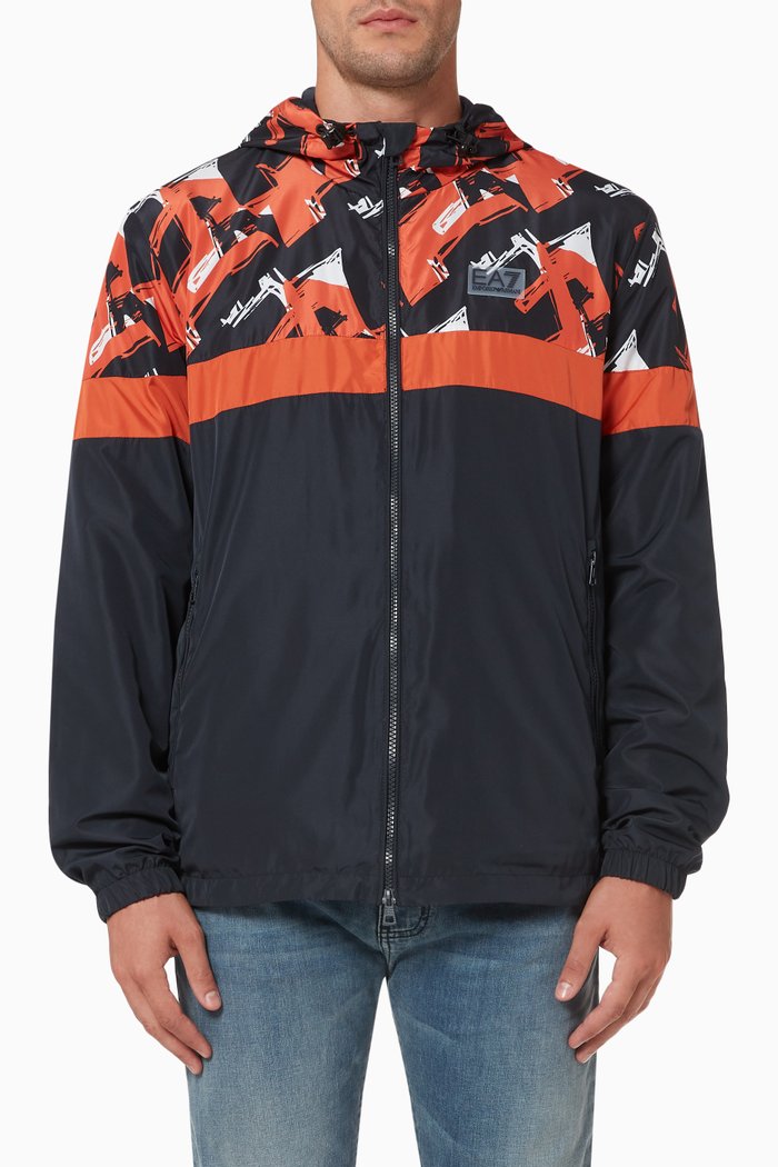 

EA7 Graphic Series Hooded Windbreaker in Nylon, Blue