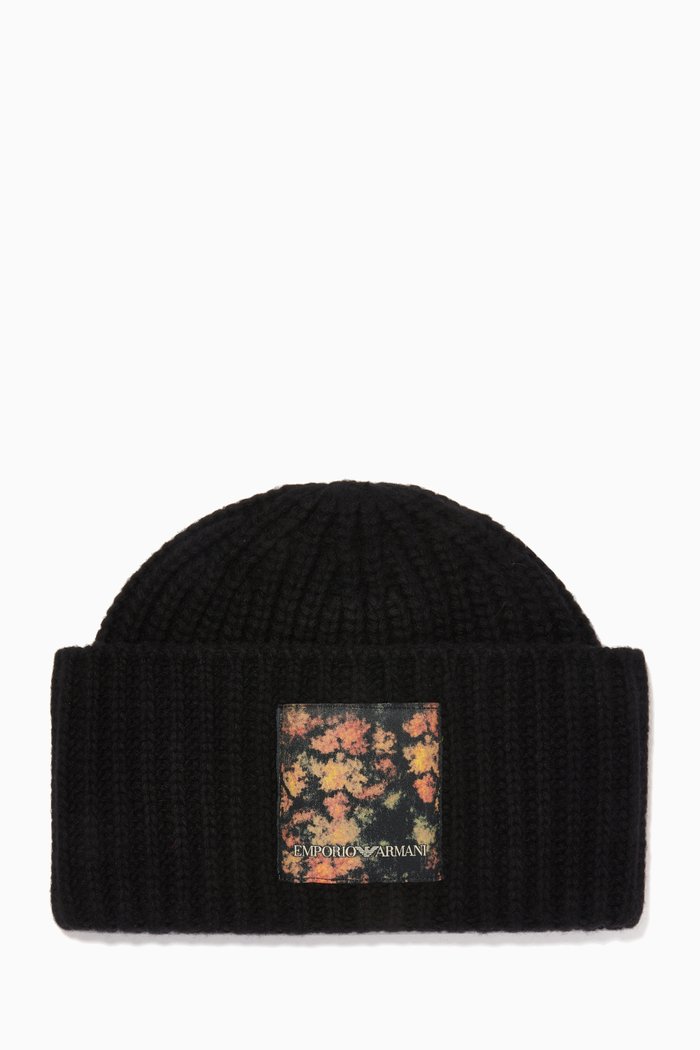 

R-EAcreate Logo Patch Beanie in Wool-blend Knit, Black
