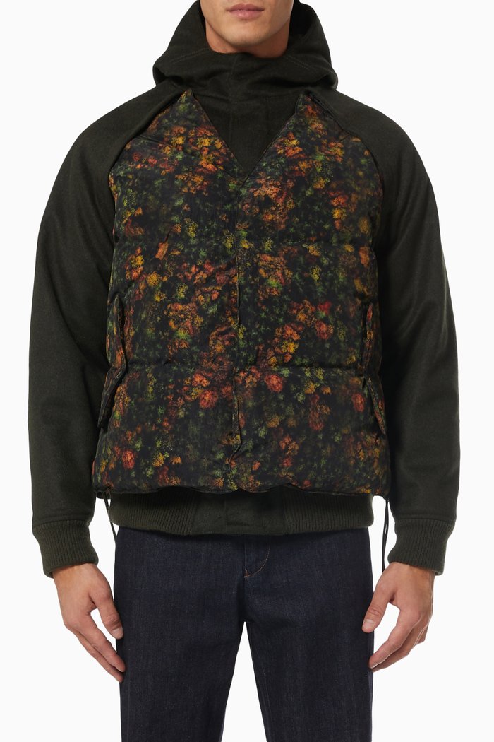 

Printed Vest & Hooded Jacket in Wool Blend, Brown
