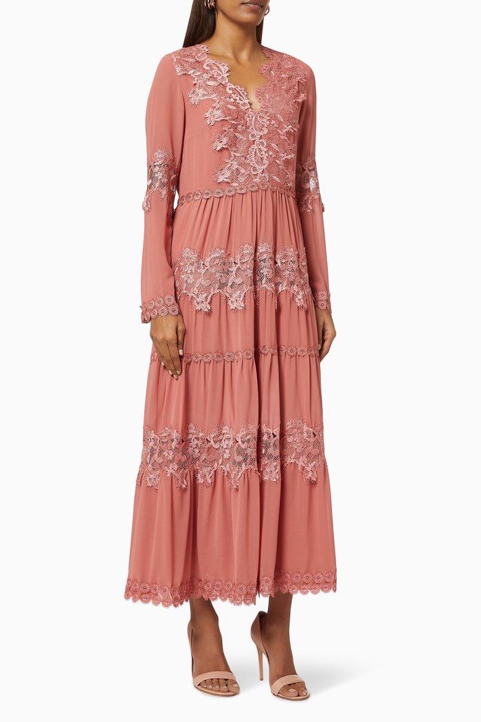 Yasbeauty Tiered Dress in Crepe, Pink