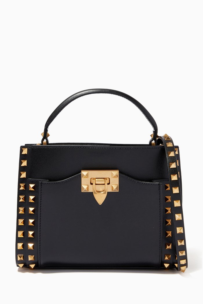 Valentino Garavani Rockstud Top Handle Bag in Vitello Leather, Black