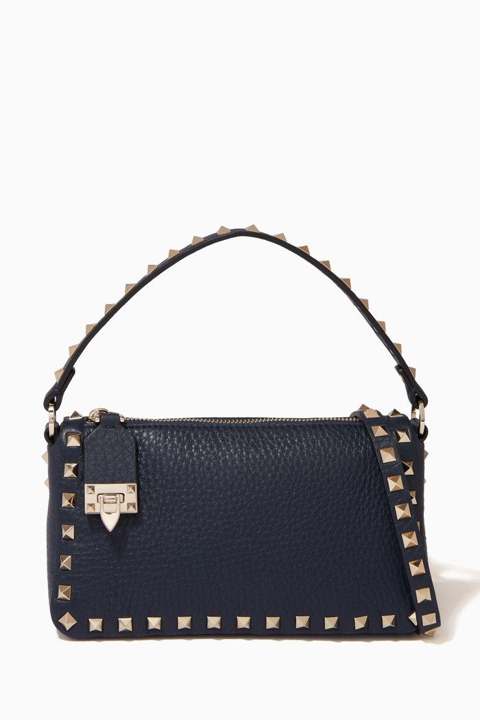 

Valentino Garavani Small Rockstud Crossbody Bag in Grainy Leather, Blue