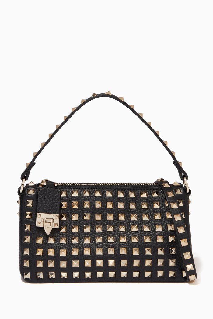 Valentino Garavani Small Rockstud Crossbody Bag in Grainy Leather, Black