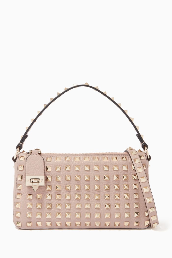 Valentino Garavani Small Rockstud Crossbody Bag in Grainy Leather, Neutral