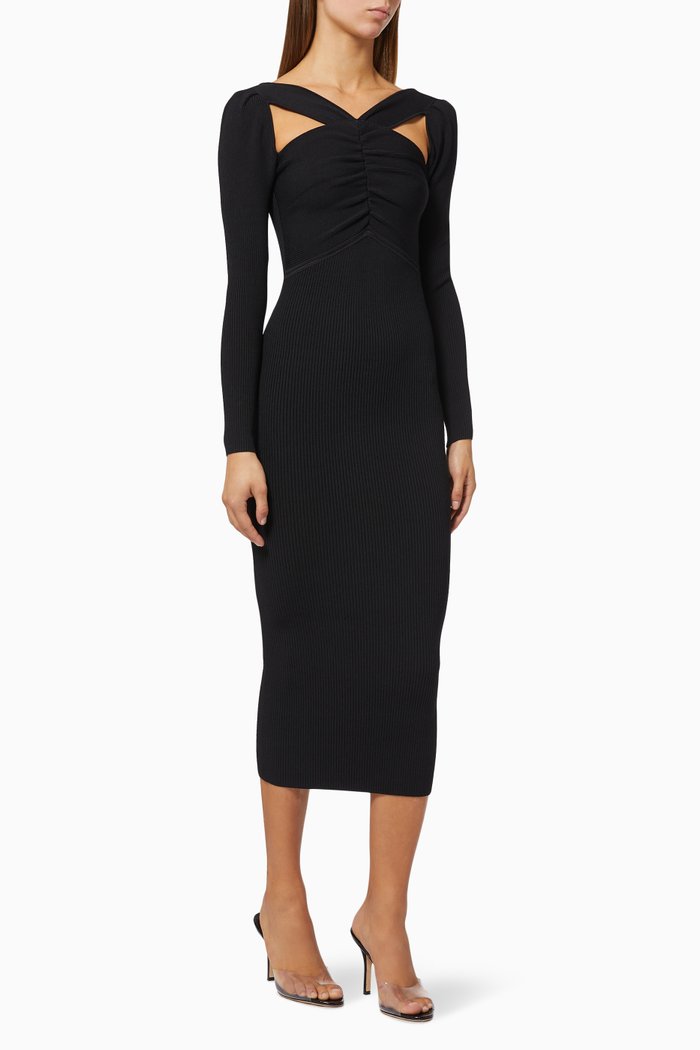 

Cut-out Midi Dress in Ribbed Knit, Black
