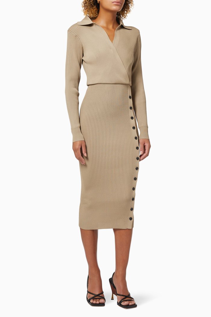 

Wrap Style Midi Dress in Ribbed Knit, Neutral