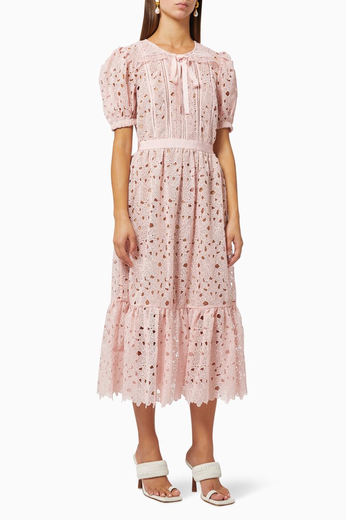 

Bow Detail Midi Dress in Guipure Lace, Pink
