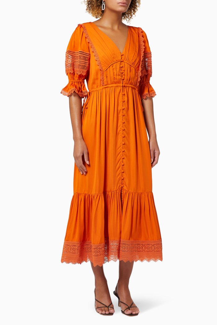 

Lace Trim Midi Dress in Viscose, Orange
