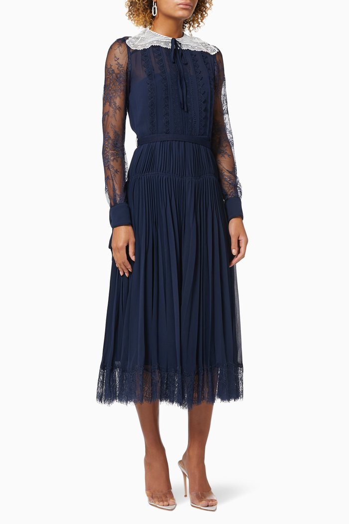 

Lace Trim Midi Dress in Recycled Polyester, Blue