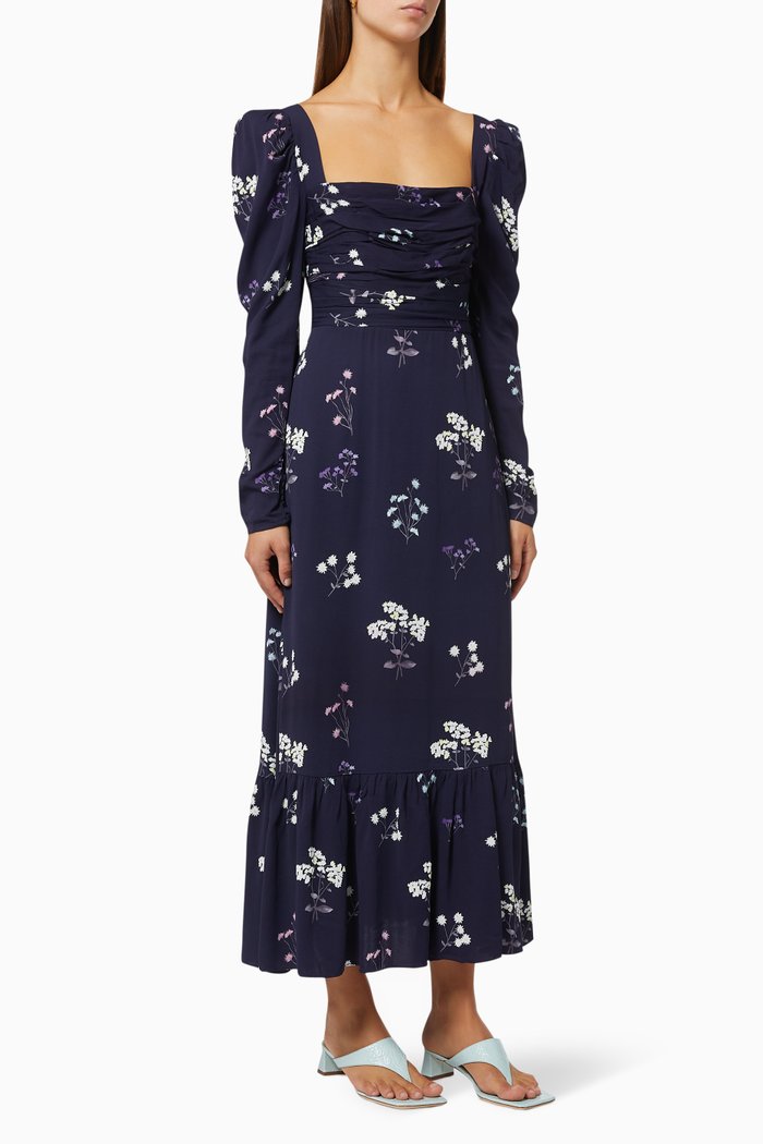 

Vintage Floral Midi Dress in Viscose Taffeta, Blue