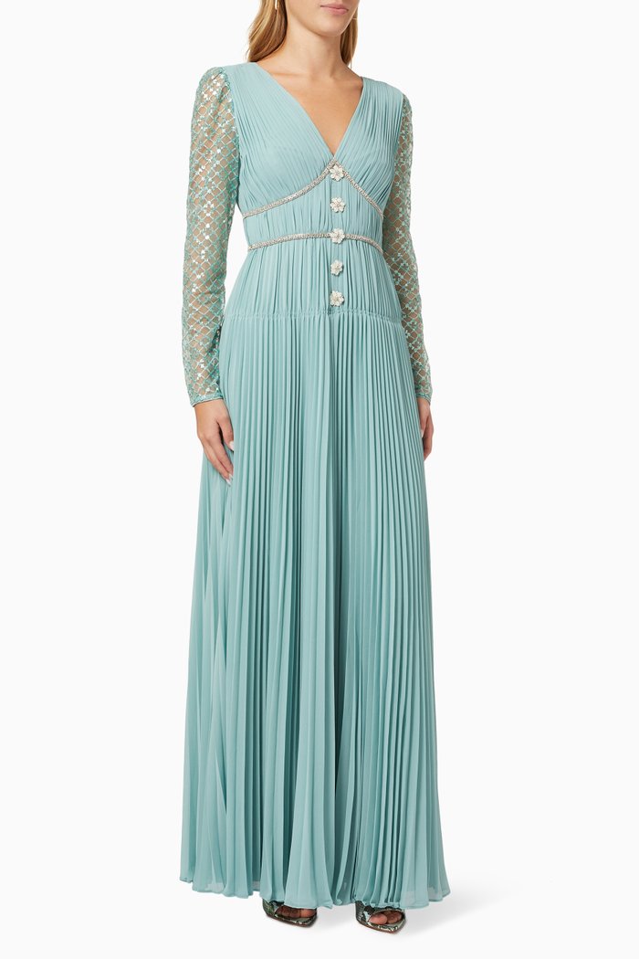 

Diamante Grid Sequin Maxi Dress in Pleated Chiffon, Green