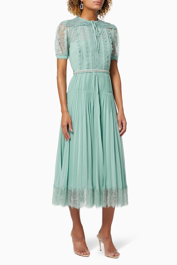 

Diamante Belt Lace Dress in Chiffon, Green