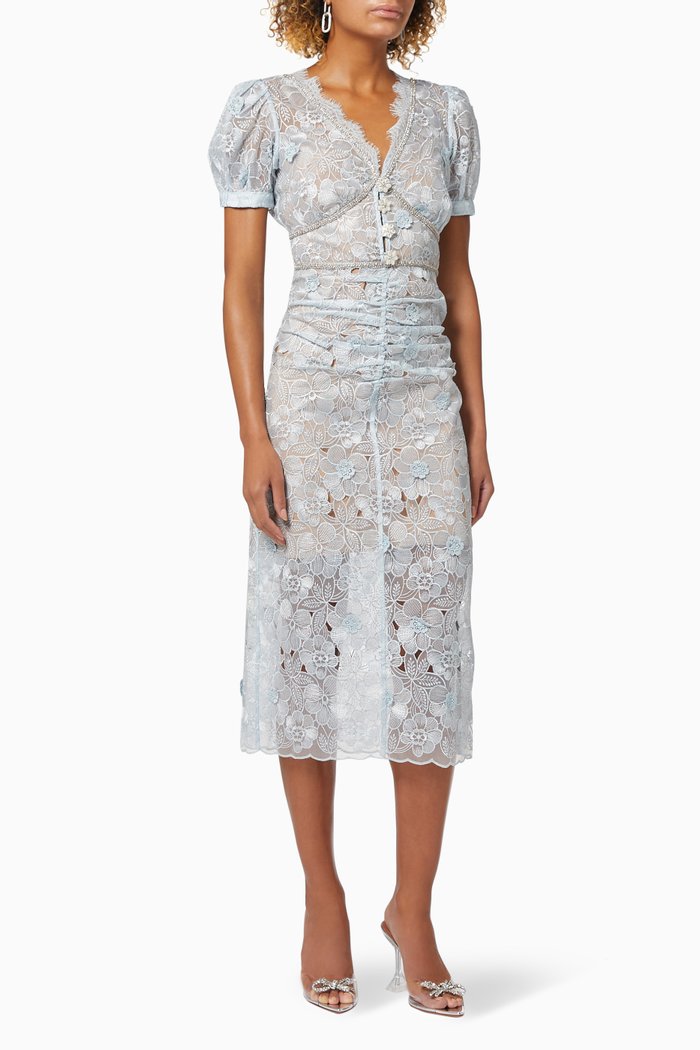 

Diamante Trim Midi Dress in 3D Flower Organza, Blue