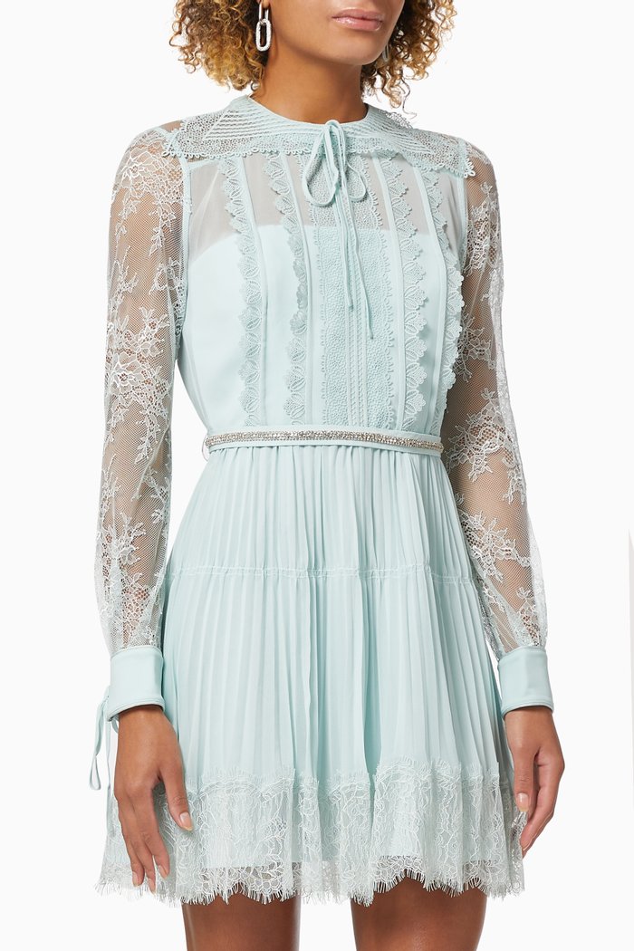 

Lace Trim Mini Dress in Recycled Polyester, Blue