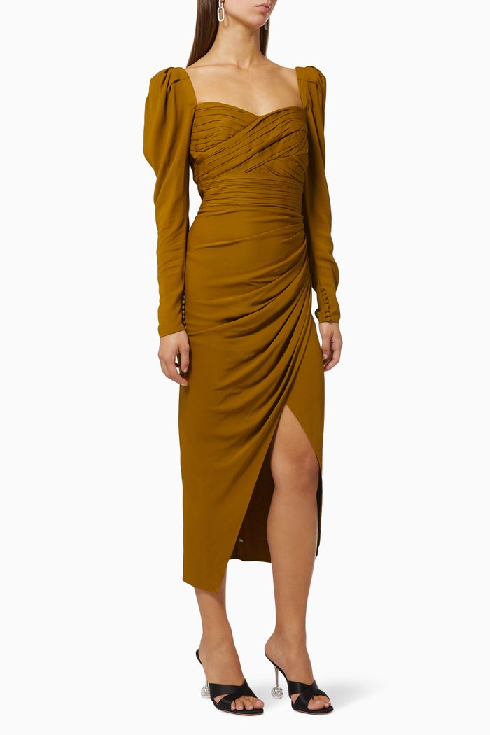 

Sweetheart Neckline Midi Dress in Stretch Crepe, Brown