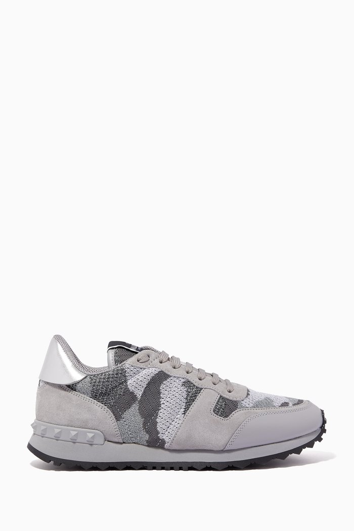 Valentino Garavani Camouflage Sneakers in Knit & Mixed Leather, Grey