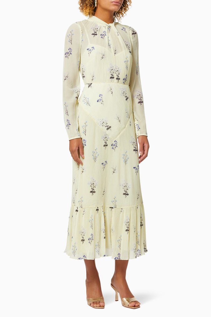 

Vintage Floral Plisse Midi Dress in Chiffon, Yellow