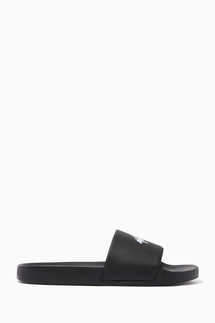 

Embroidery Signature Pool Slides in PU, Black