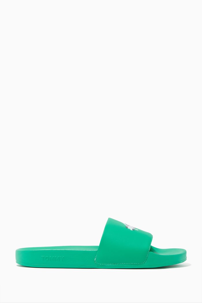 

Embroidery Signature Pool Slides in PU, Green