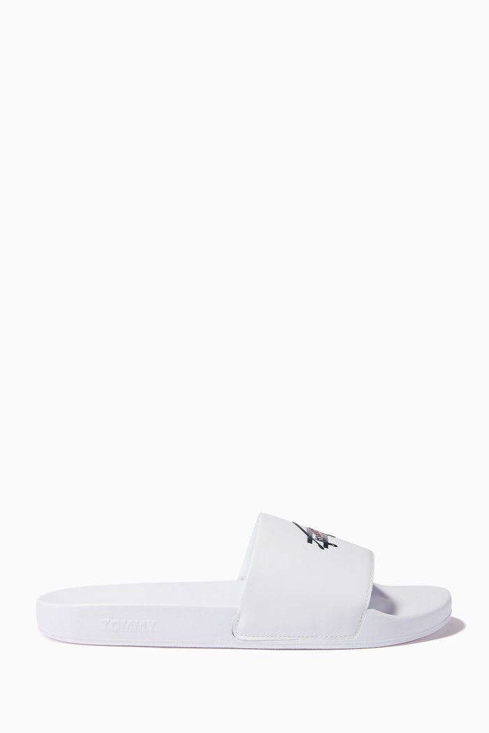 

Embroidery Signature Pool Slides in PU, White