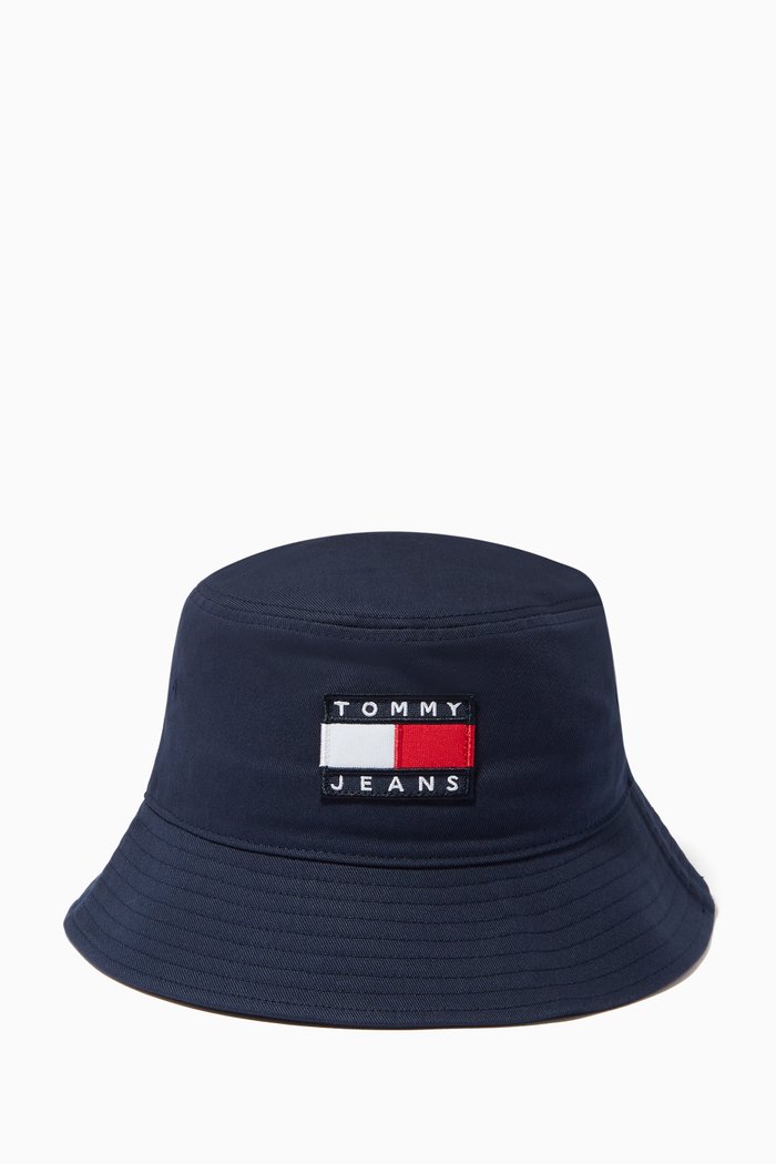 

Tommy Badge Bucket Hat in Cotton, Blue