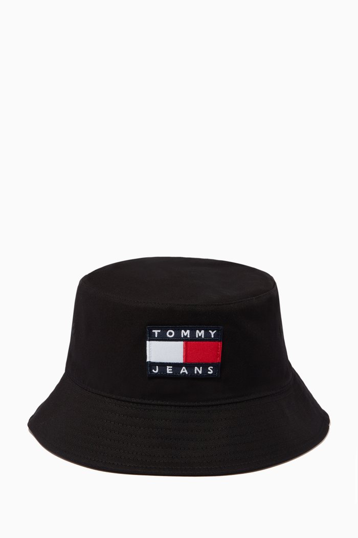 

Tommy Badge Reversible Bucket Hat in Cotton, Black