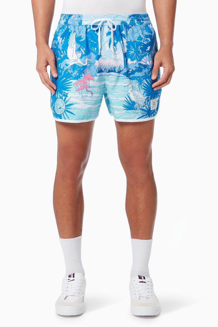 Tropical Print Runner Shorts in Canvas, Blue
