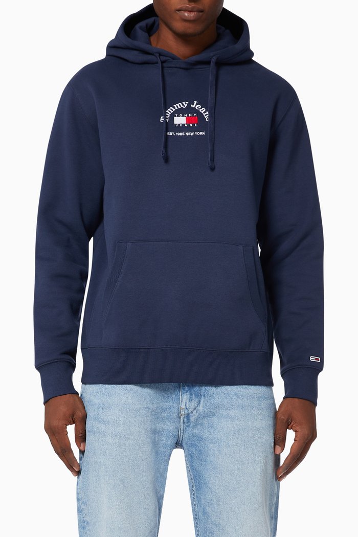 Badge Logo Embroidery Hoodie in Cotton Blend, Blue