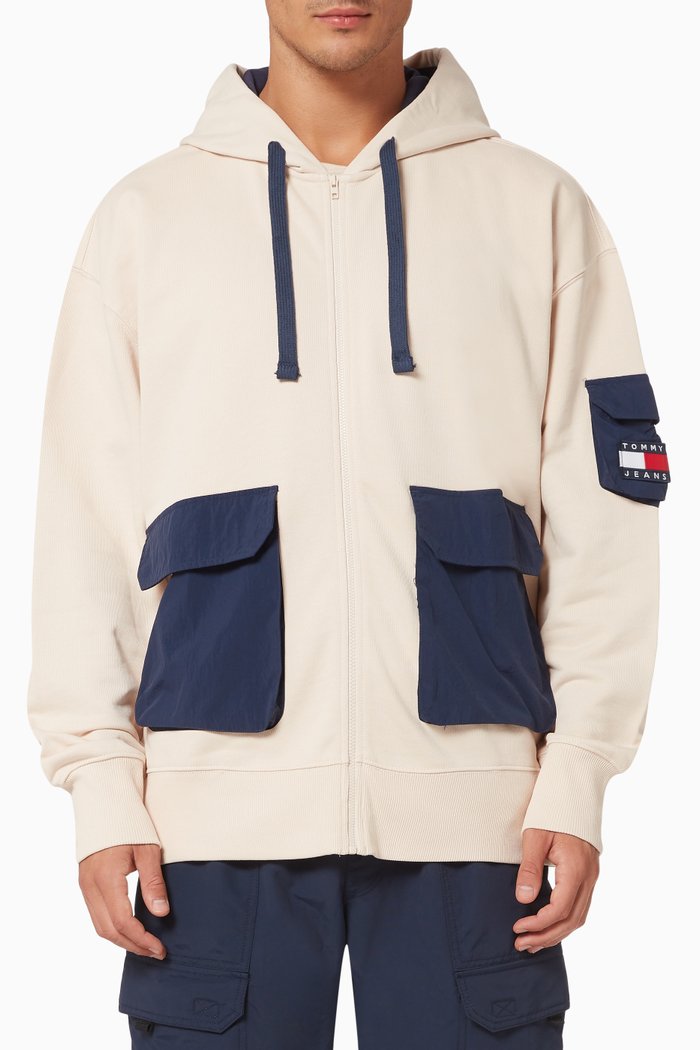 

Tommy Badge Zip-Through Cargo Hoodie in Organic Cotton, Neutral