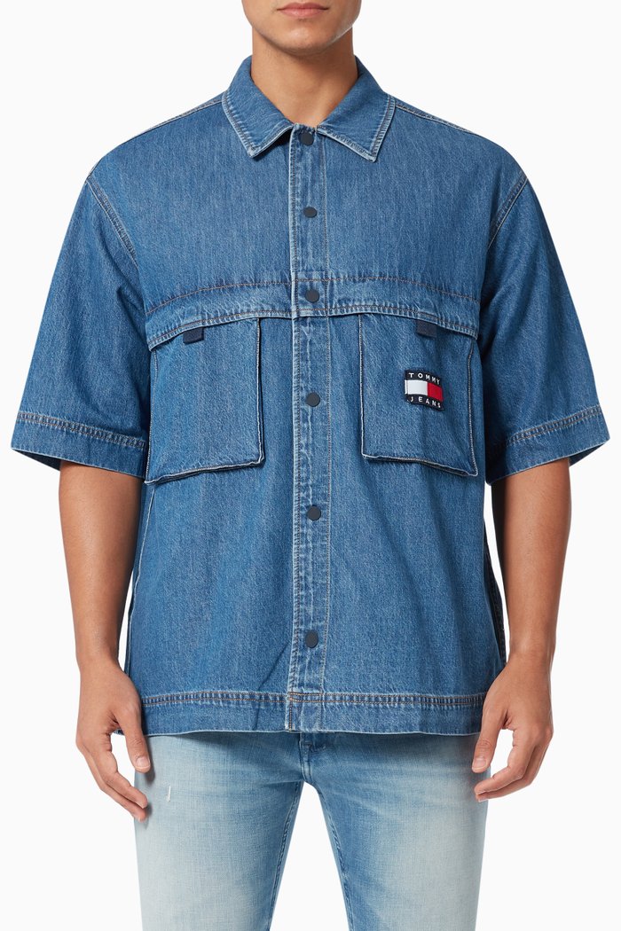 

Badge Utility Overshirt in Denim, Blue