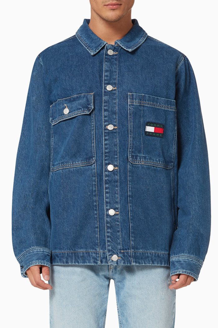 Tommy Badge Boxy Shirt Jacket in Denim, Blue