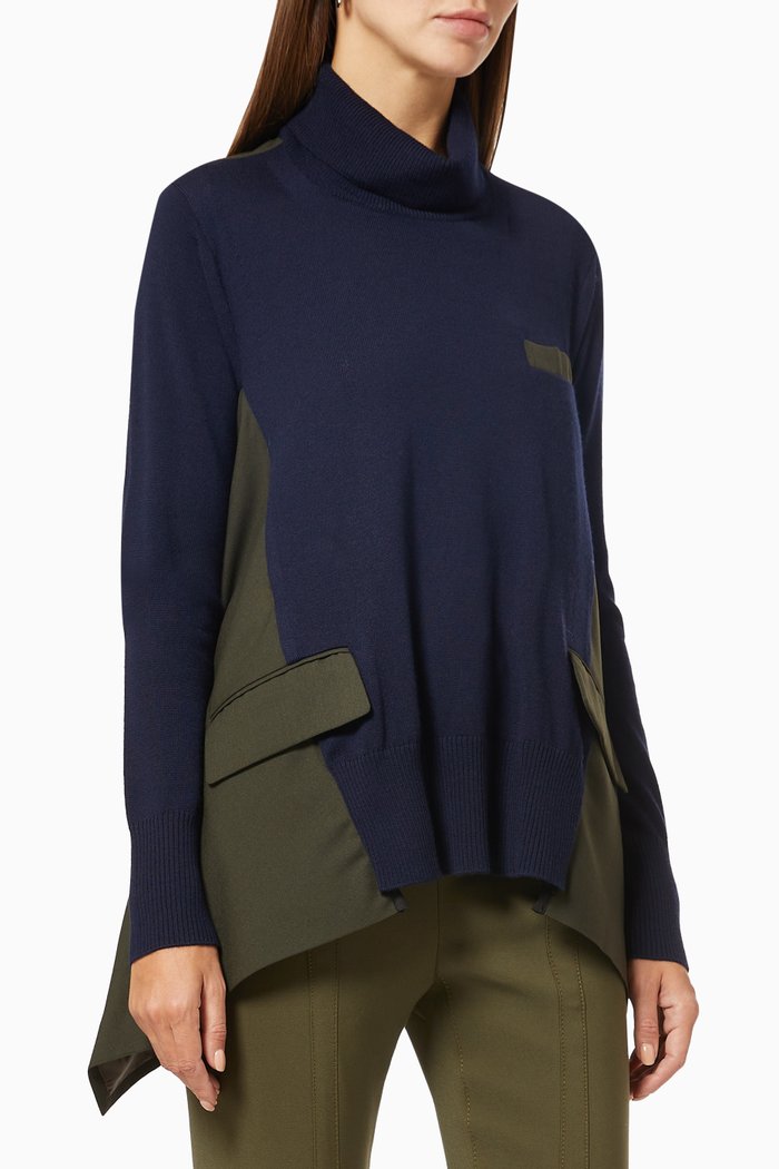 

Paneled Turtleneck Sweater in Wool, Blue