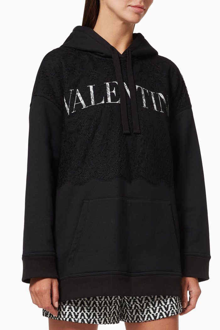 

Valentino Lace Hoodie in Cotton Fleece, Black