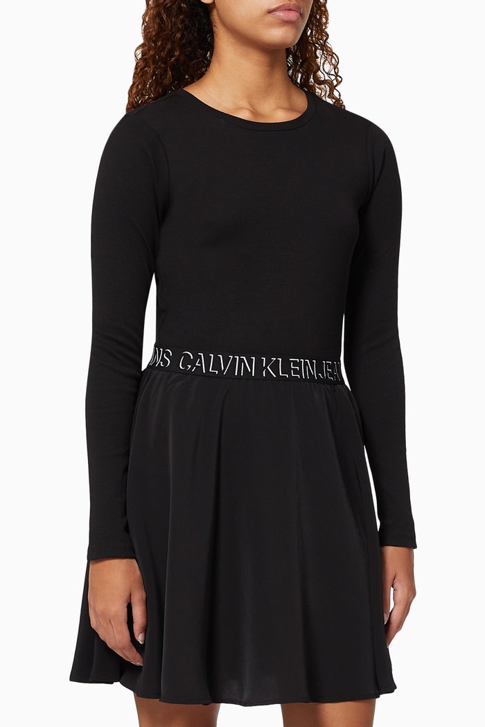 

Logo Waistband Skater Dress in Stretch Rib Jersey, Black