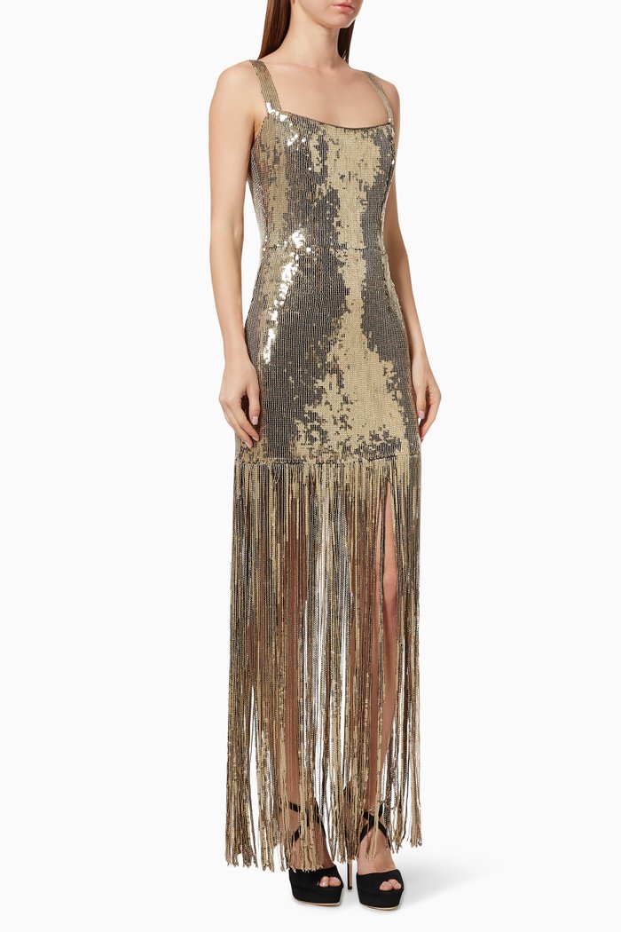 Cheri Frill Tassels Maxi Dress, Gold