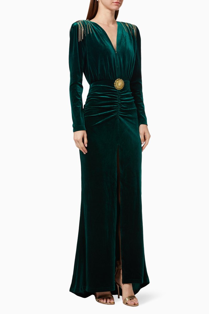 

Margot V-neck Gown in Velvet, Green