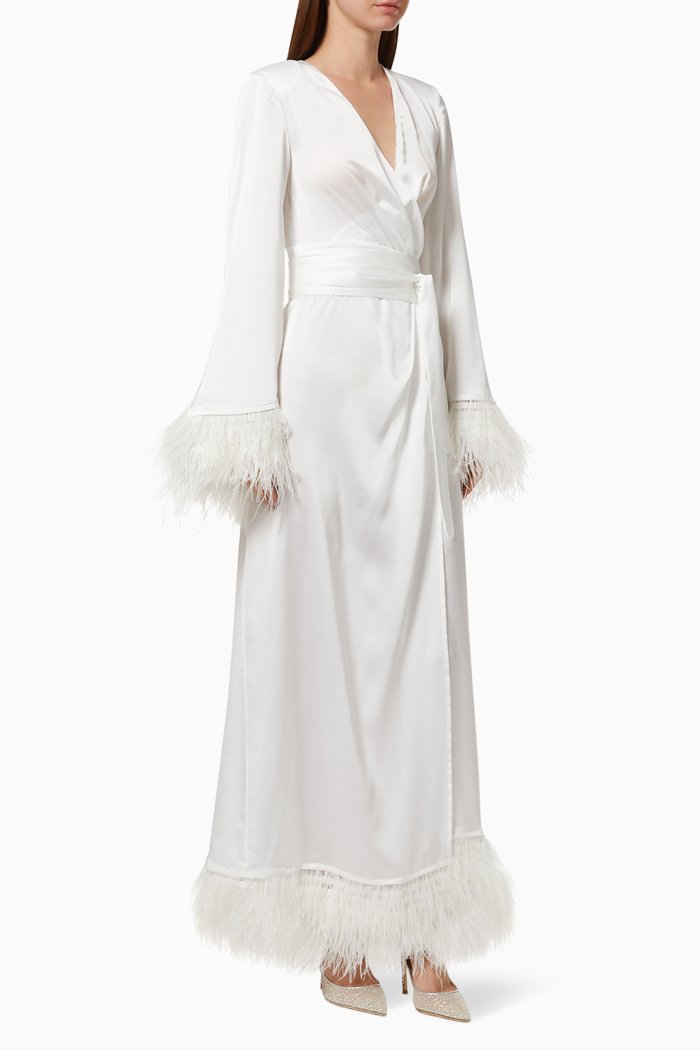 Feather Long Robe in Silk, White