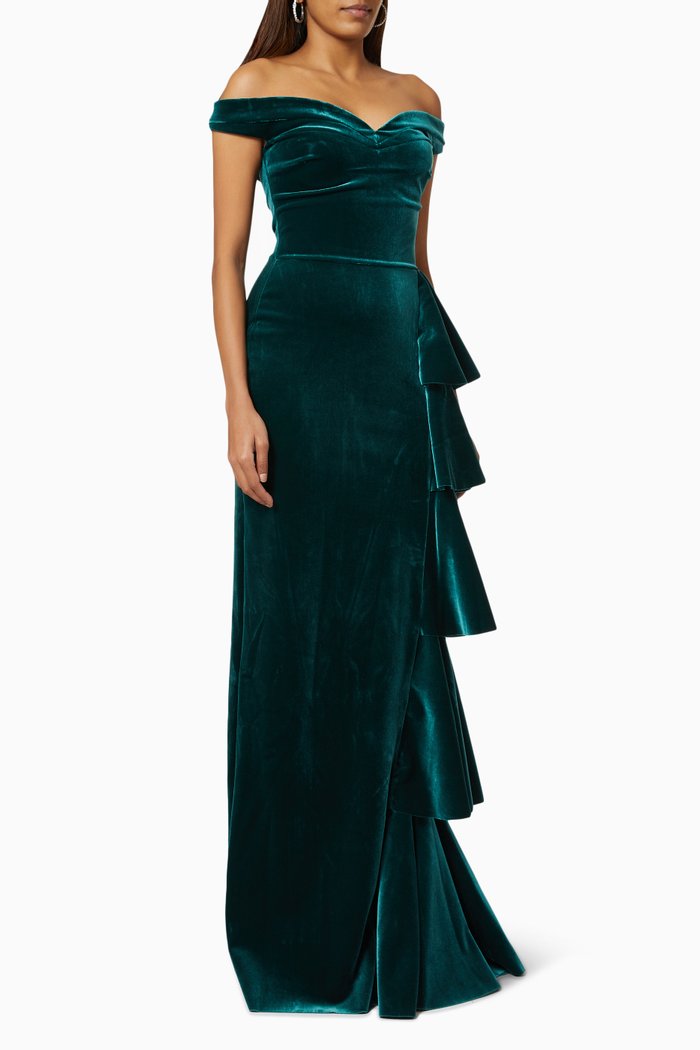 

Willa Off Shoulder Gown in Stretch Velvet, Green