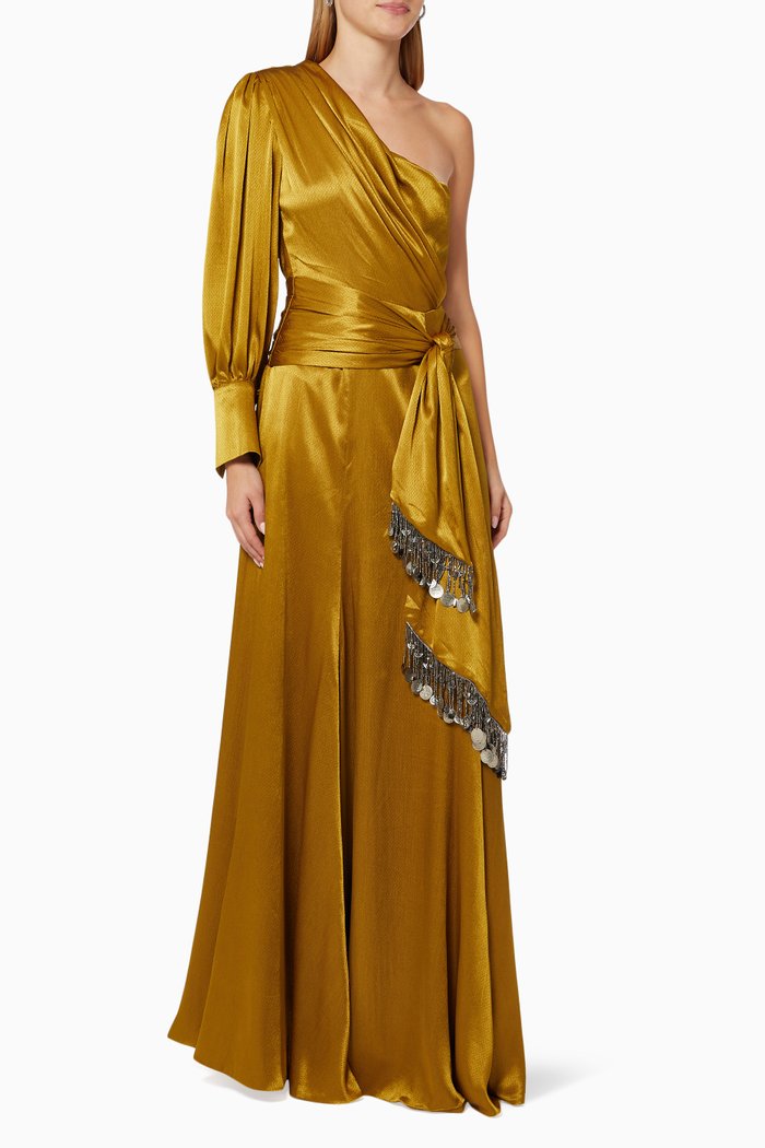 

One-shoulder Dress in Satin, Gold