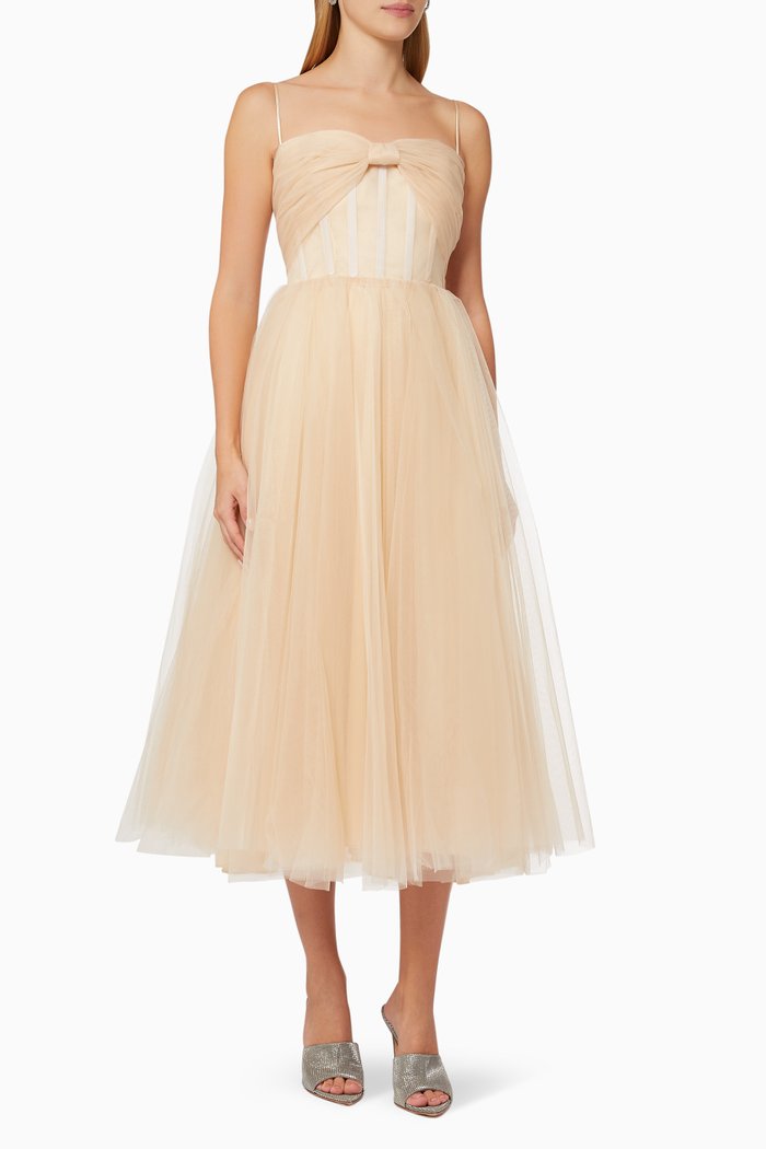 

Ruched Bow Midi Dress in Tulle, Neutral