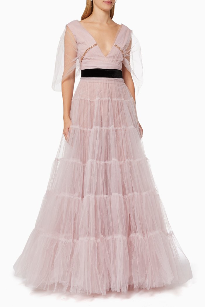 

Beaded Tiered Gown in Tulle, Neutral