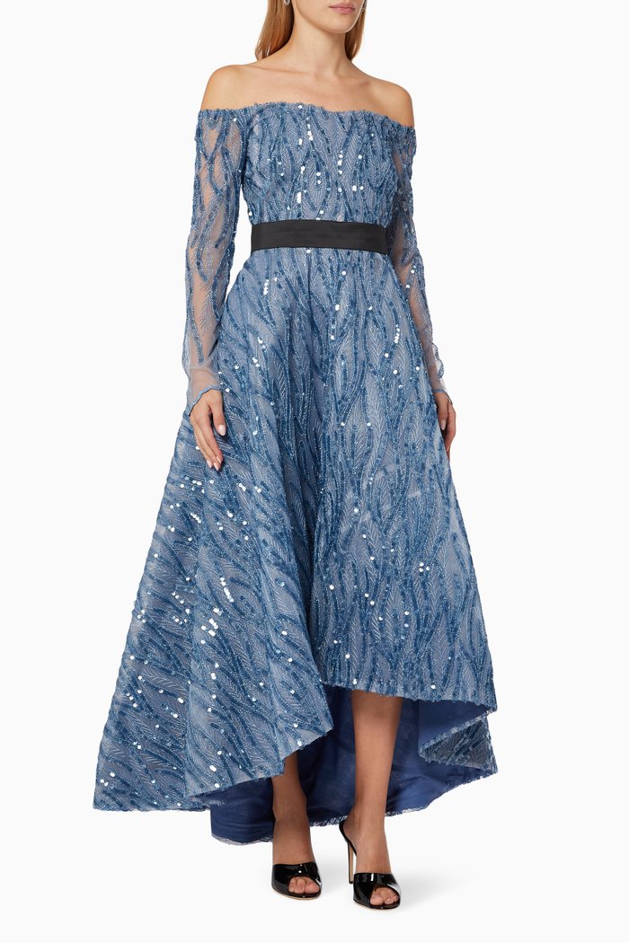 

High-low Gown with Payette Embroidery, Blue
