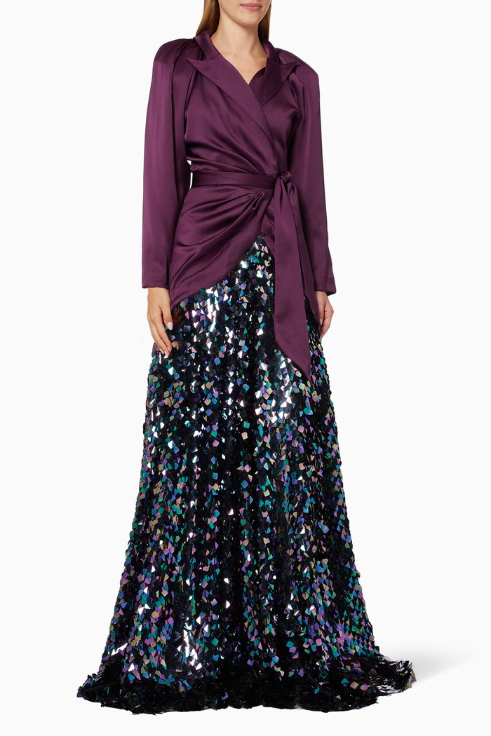 

Wrap Top with Sequinned Skirt in Satin, Purple