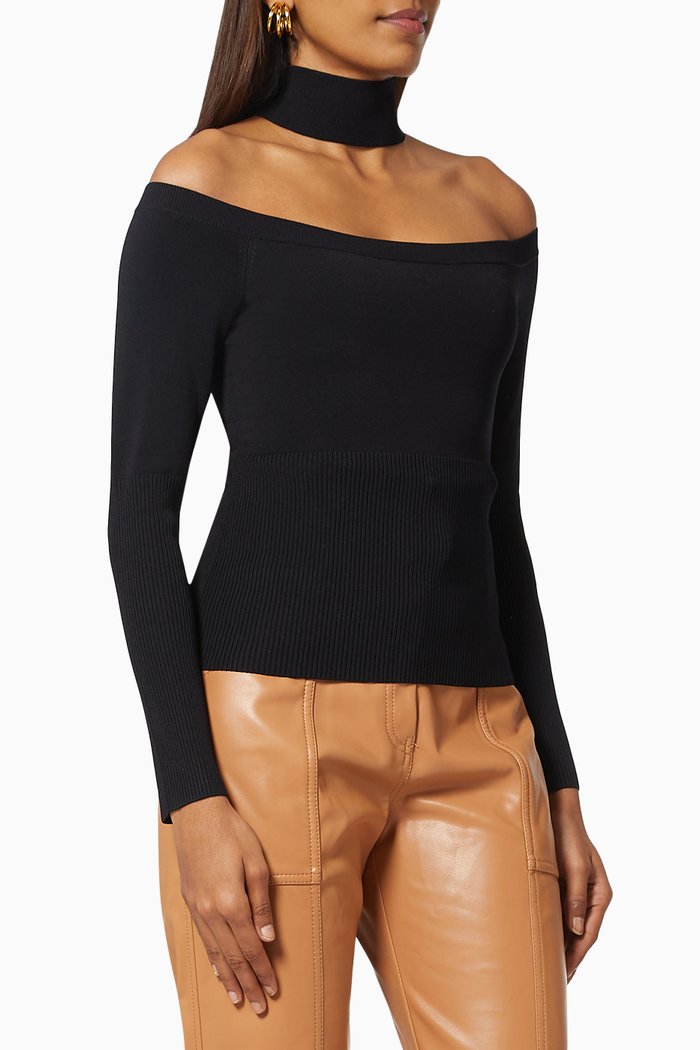 Lila Signature Cold Shoulder Pullover in Rib-knit, Black