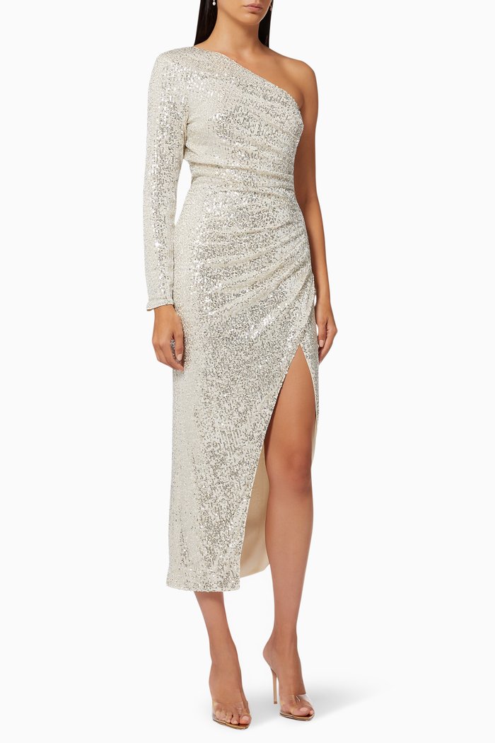 Opal Ruched Sequin Dress, Silver