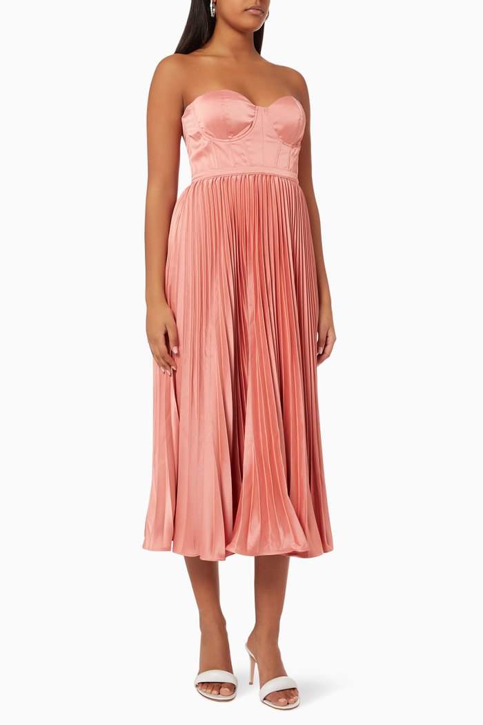 

Milan Bustier Pleated Dress in Satin, Pink