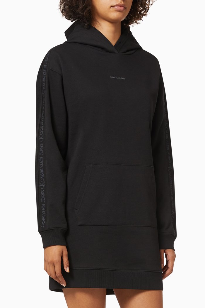 

CK Tape Trim Hooded Sweatshirt Dress in Cotton Terry, Black